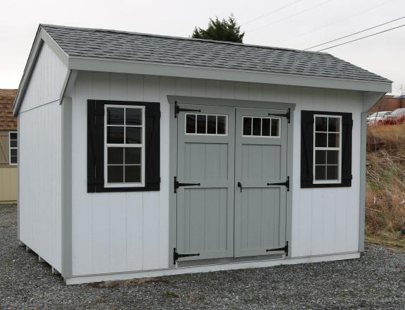 Pine Creek 10x14 New England Cottage with White walls, Light Gray trim and Black shutters, and Oyster Grey shingles